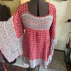 Free People Red and White Patterned Flared Mini Dress